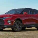 Red 2022 Chevy Blazer parked at an angle.