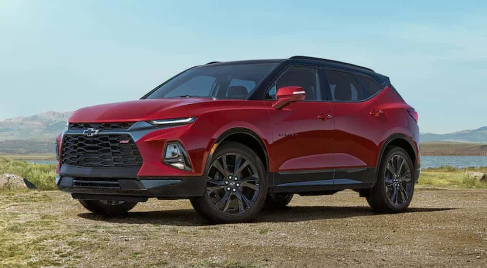 Red 2022 Chevy Blazer parked at an angle.