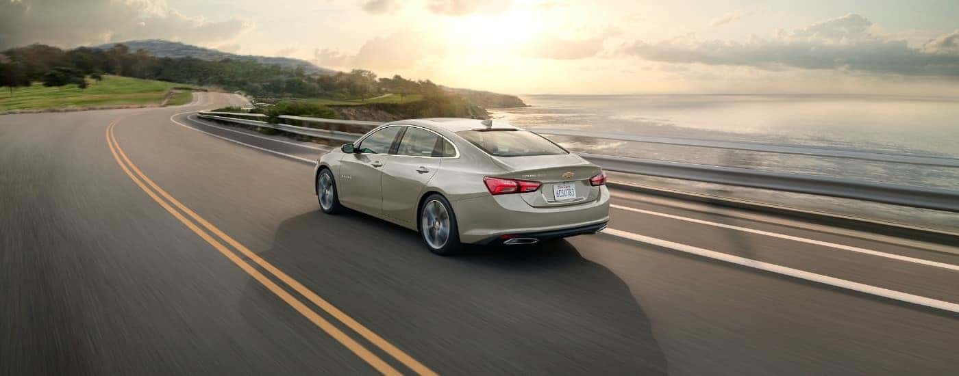 A tan 2024 Chevy Malibu from the rear at an angle.