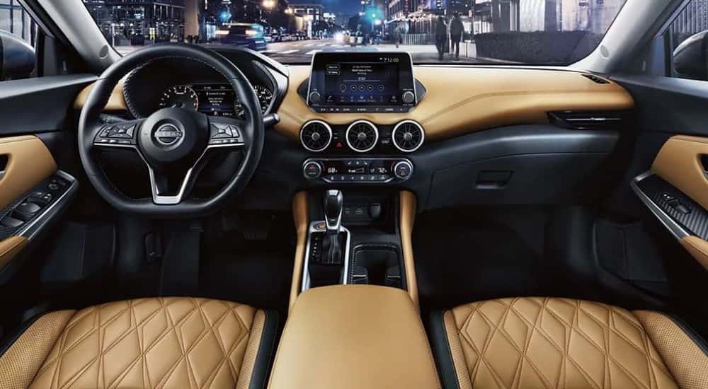 Leather interior with diamond stitching on 2024 Nissan Sentra.