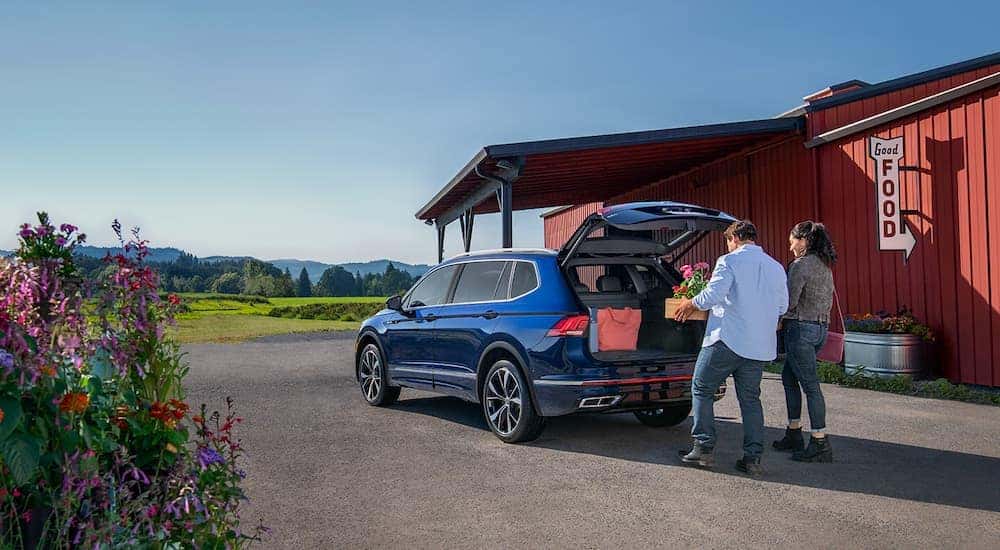 A blue 2021 Volkswagen Tiguan parked near flowers.
