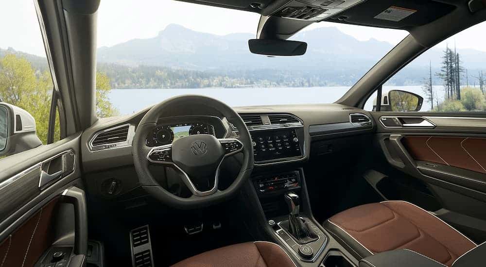 Brown and black leather interior in a 2022 Volkswagen Tiguan