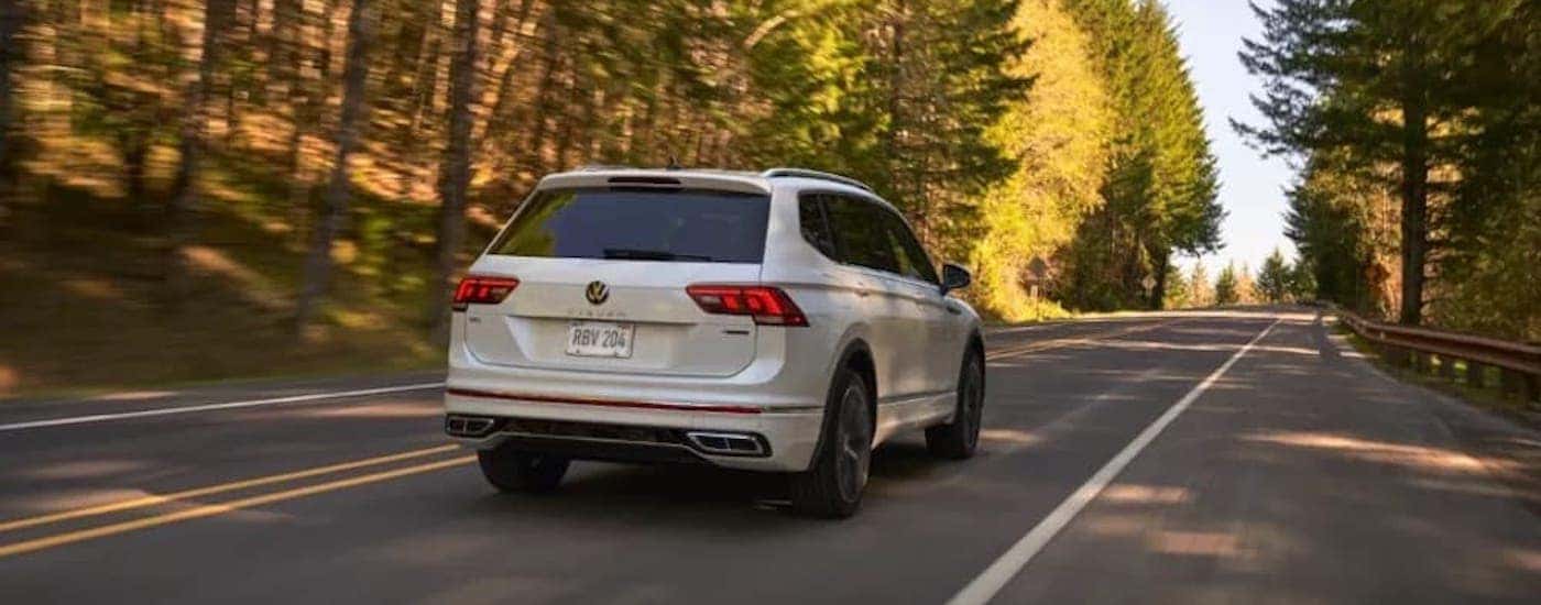 A white 2022 Volkswagen Tiguan from the rear.