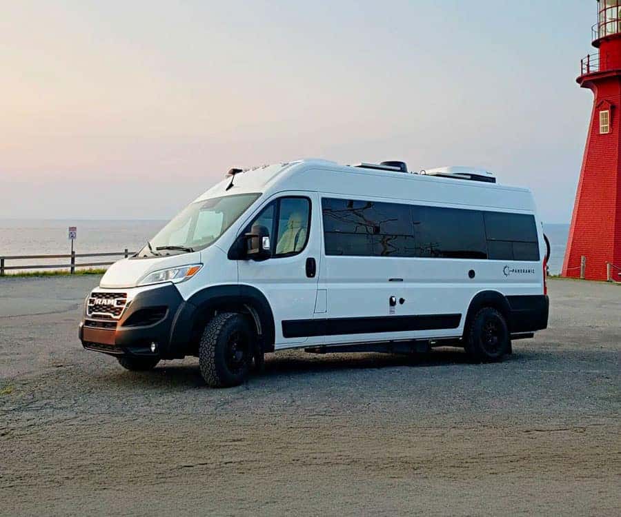 Panoramic Classic Class B RV Parked at Lighthouse