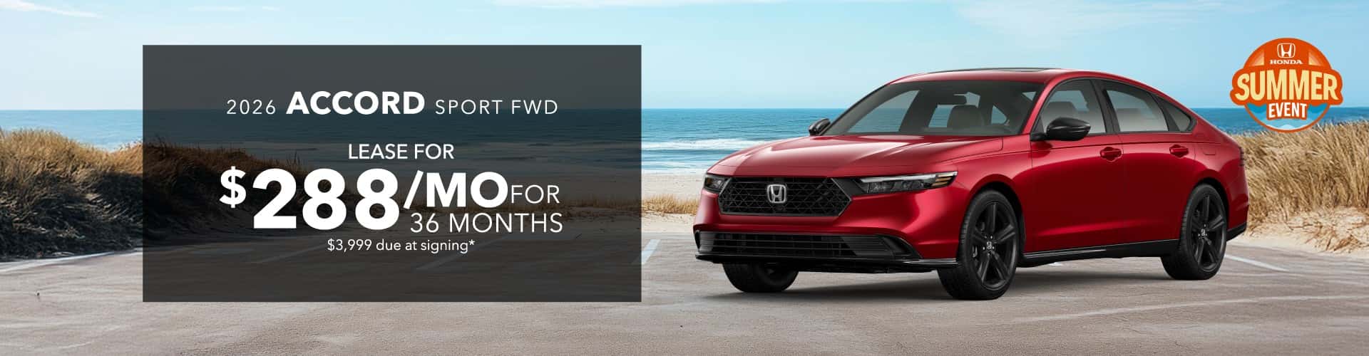 2026 Honda Accord SPORT FWD: Lease for $288/month for 36 months