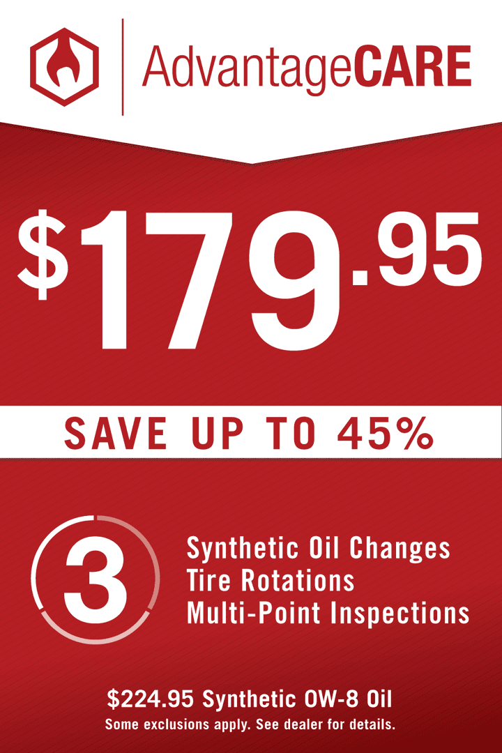 AdvantageCare: $179.95. Save up to 45% on 3 synthetic oil changes, tire rotations and multi-point inspections