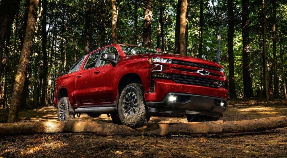 Red 2018 Chevy Silverado 1500 RST from an angle parked in the woods.