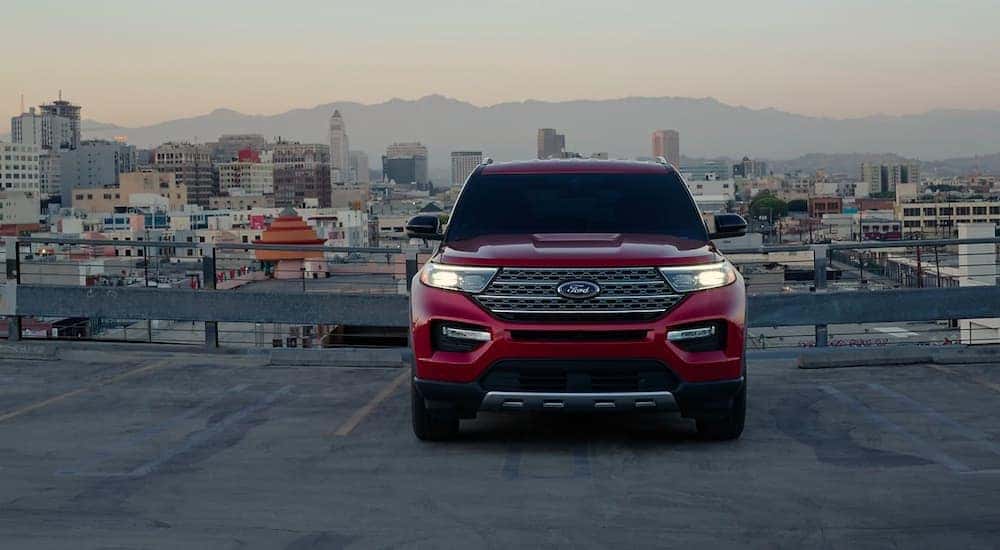 Red 2021 Ford Explorer parked in a parking lot.