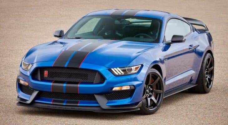 A blue 2017 Ford Mustang Shelby GT350R is shown from the front at an angle.