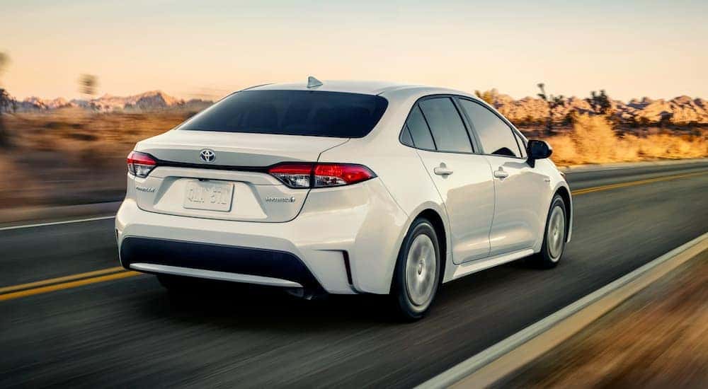 White 2020 Toyota Corolla driving after visiting with used cars for sale.