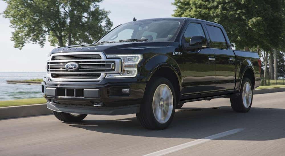 Black 2019 Ford F-150 driving from a dealer with used cars for sale near Troy.