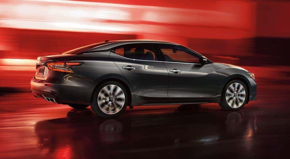 Grey 2023 Nissan Maxima Platinum driving through a tunnel.