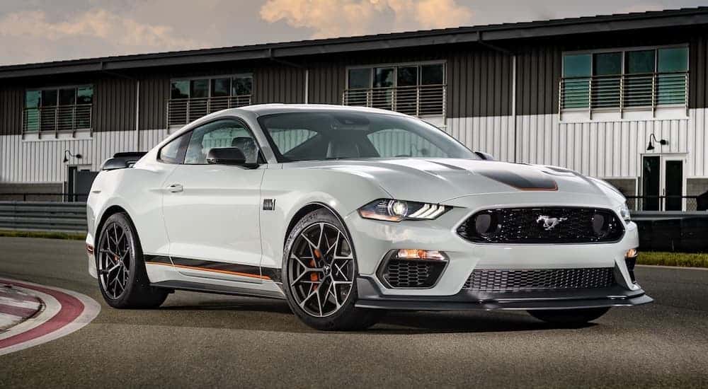 A grey 2023 Ford Mustang Mach-1 from the front at an angle.