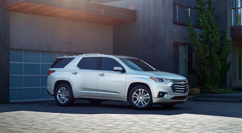 Silver 2019 used Chevy Traverse for sale near Troy parked on a driveway
