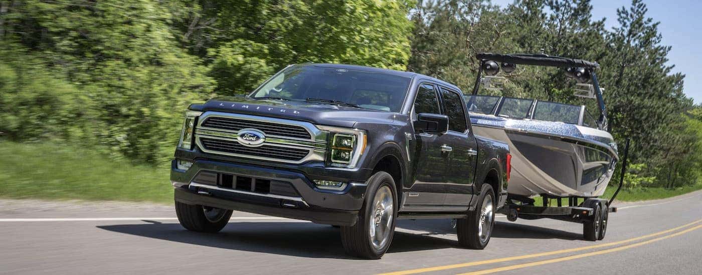 A grey 2022 Ford F-150 from the front at an angle after leaving a dealer that has a used Ford for sale near Schenectady.