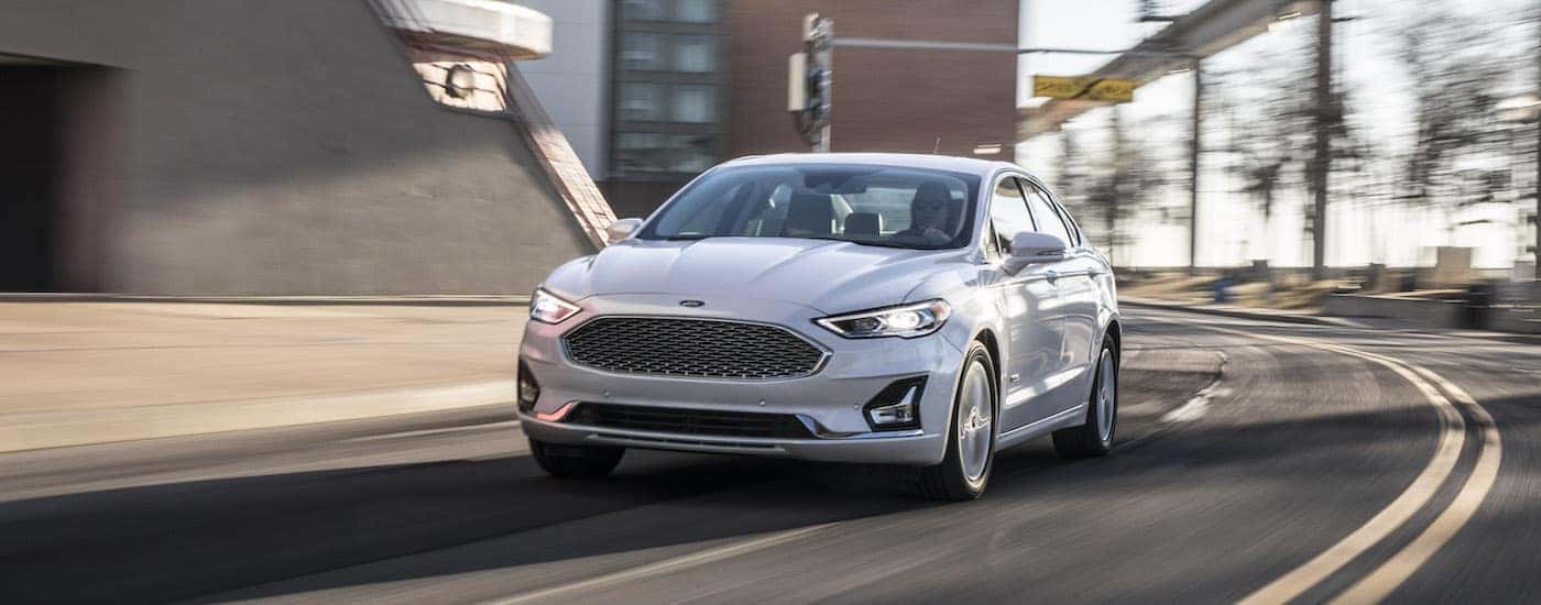 A white 2020 Ford Fusion from the front.