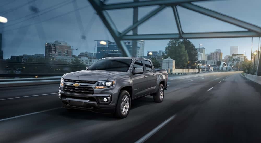 A grey 2021 Chevy Colorado from the front.