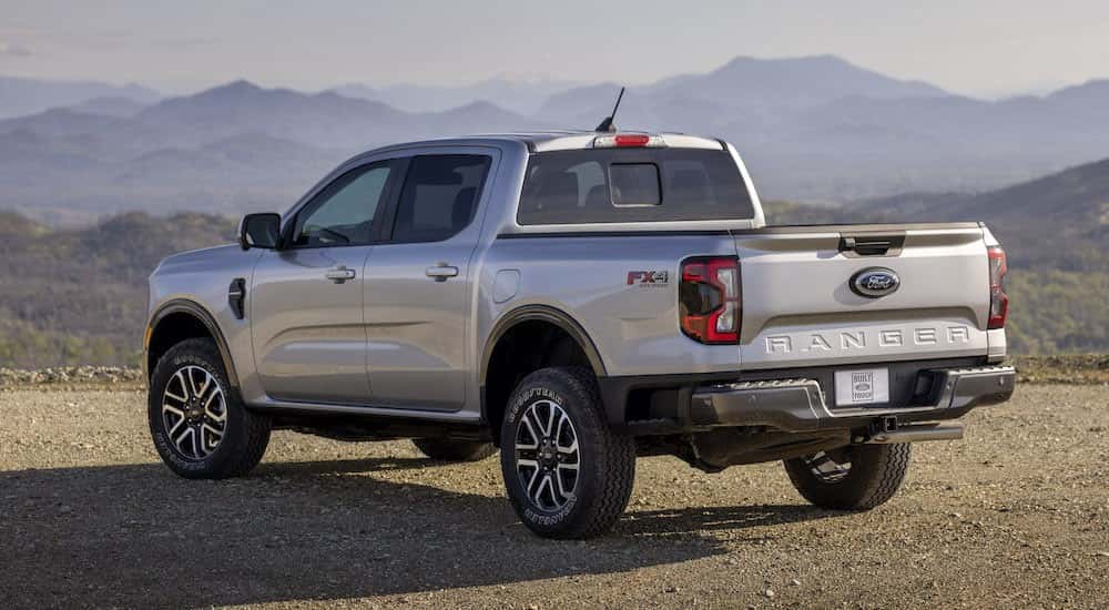A silver 2024 Ford Ranger from the rear.