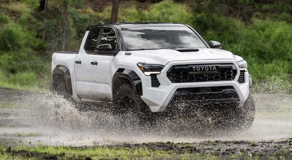 A white 2024 Toyota Tacoma driving through water.