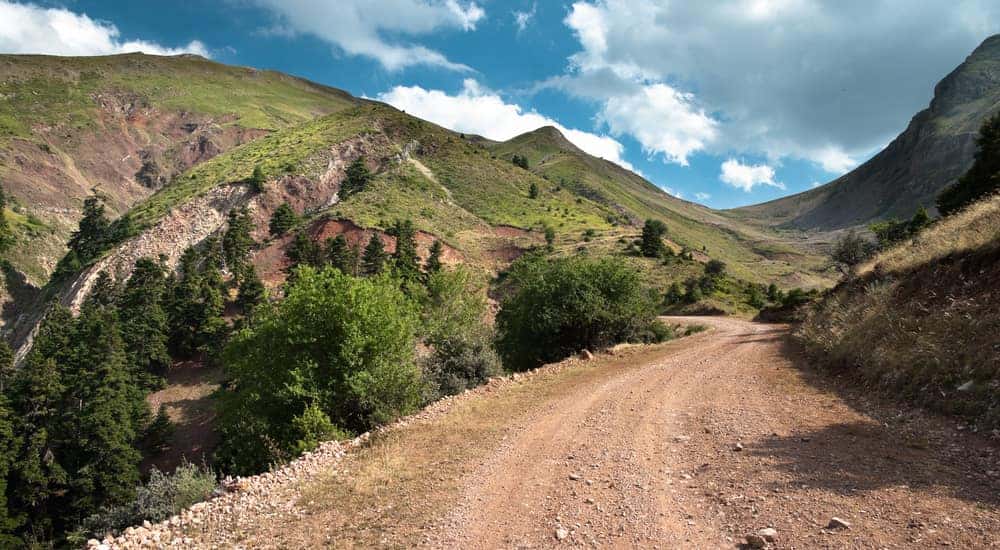 Dirt trail running through trees and mountains