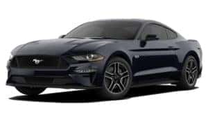 A black 2020 Ford Mustang is facing left.