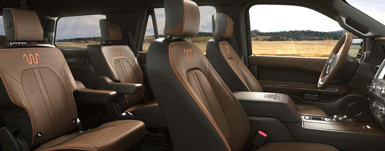 A side view of the black leather interior that can be found in a King Ranch Edition of the 2020 Ford Expedition.