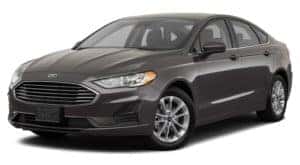 A black 2020 Ford Fusion is facing left.