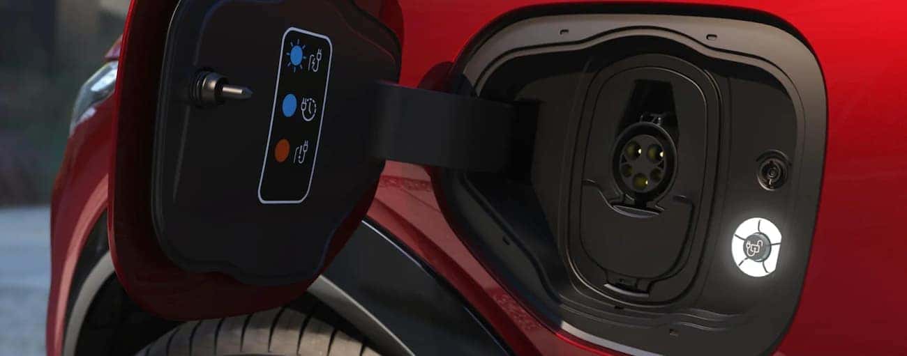 A close up of the charging port on the Mach-E is shown.