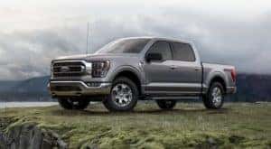 A grey 2021 Ford F-150 is parked in grass in front of a misty mountain.