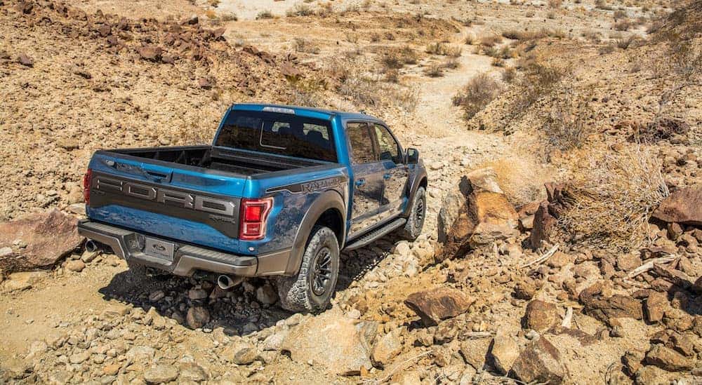 A blue 2020 Ford F-150 Raptor, which is popular among Ford trucks, is off-roading on a desert trail.