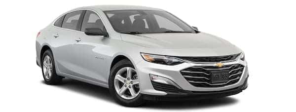 A silver 2020 Chevy Malibu is angled right.