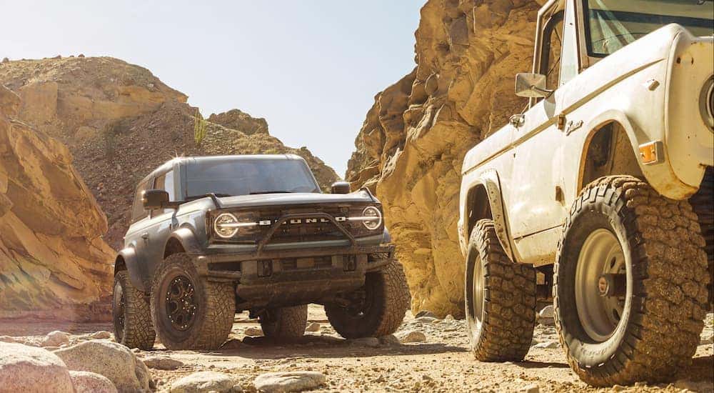 A classic white Ford Bronco is parked in front of a grey 2021 Ford Bronco two door while off-roading through rocky terrain outside of Albany, NY.