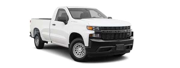 A white 2021 Chevy Silverado 1500 is angled right.