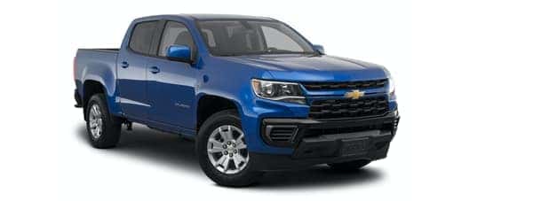 A blue A white 2021 Chevy Colorado is angled right.