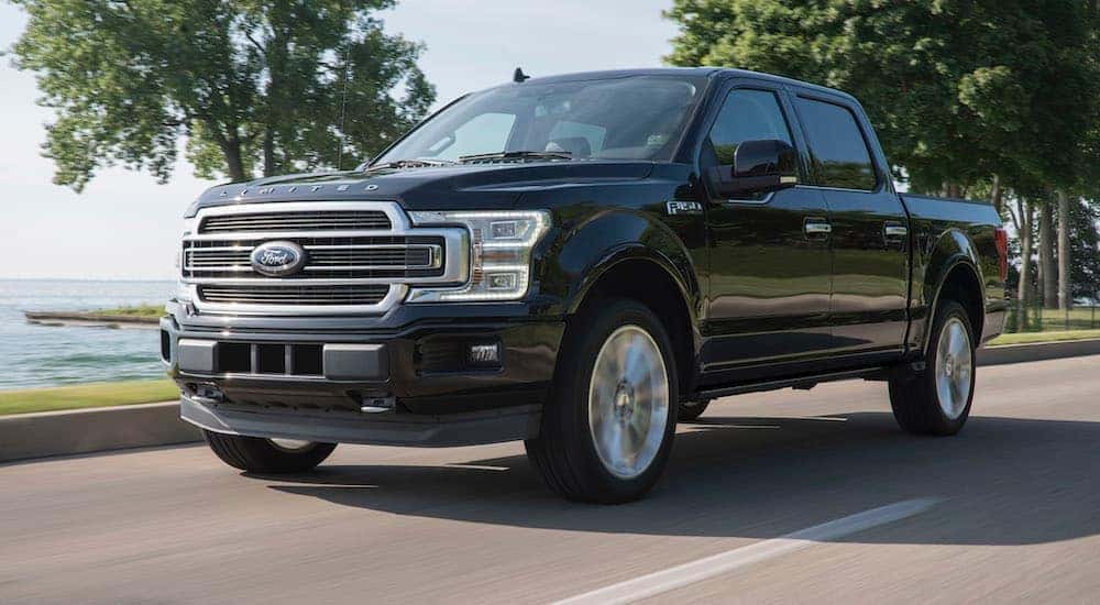 A black 2019 Ford F-150 from a used F-150 dealer is driving on a multi-lane road past a bay.