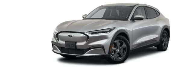 A silver 2021 Ford Mustang Mach-E is angled left.