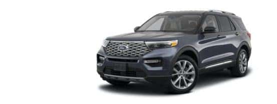 A dark grey 2021 Ford Explorer is angled left.