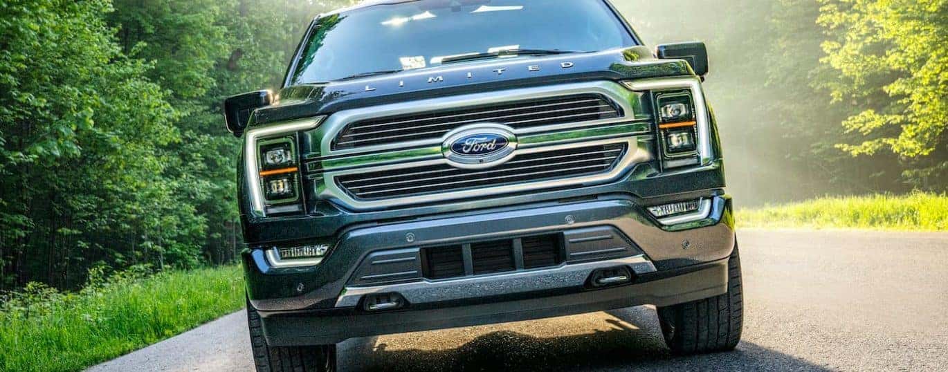 A black 2021 Ford F-150 is shown from the front driving down a wooded road.