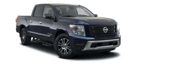 A dark blue 2021 Nissan Titan SV is angled right.
