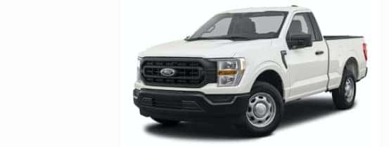 A white 2021 Ford F-150 is shown angled left.