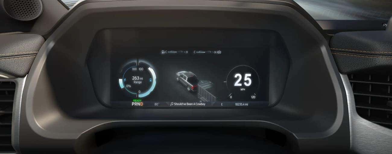 The infotainment screen in a 2022 Ford F-150 Lightning is shown.