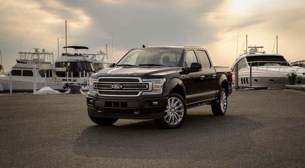 A black 2019 Ford F-150 Limited is shown at a marina after leaving a used Ford F-150 dealer.