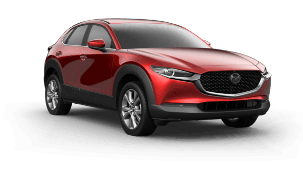 red 2021 Mazda CX-30 SUV with black accents on the doors and beneath the grille along with chrome rims and window trim