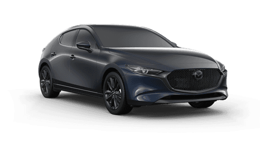 dark blue 2021 Mazda3 hatchback with black rims, door mirror caps, and grille