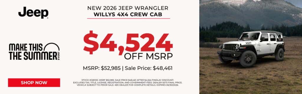 Save Up To $4,524 MSRP on a 2026 Jeep Wrangler Willys 4x4 4-door