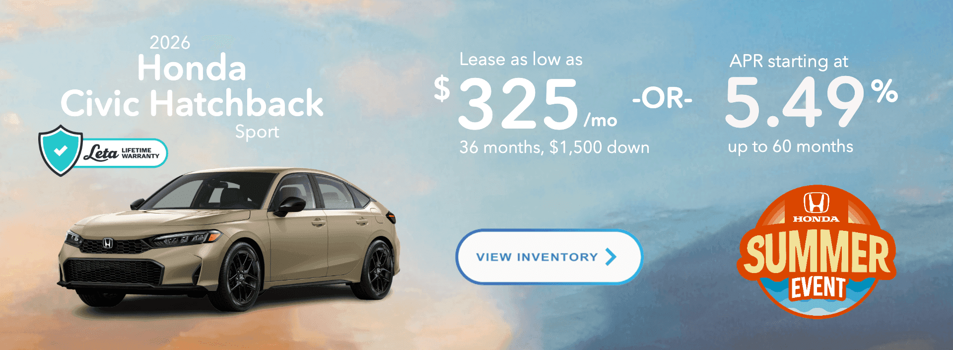 Lease a new Honda Civic Hatchback for $325/mo | APR as low as 5.49% | Frank Leta Honda O'Fallon MO St. Louis Honda Dealer