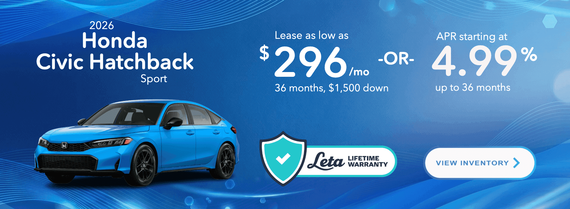 Lease a new Honda Civic Hatchback for $296/mo | APR as low as 4.99% | Frank Leta Honda O'Fallon MO St. Louis Honda Dealer
