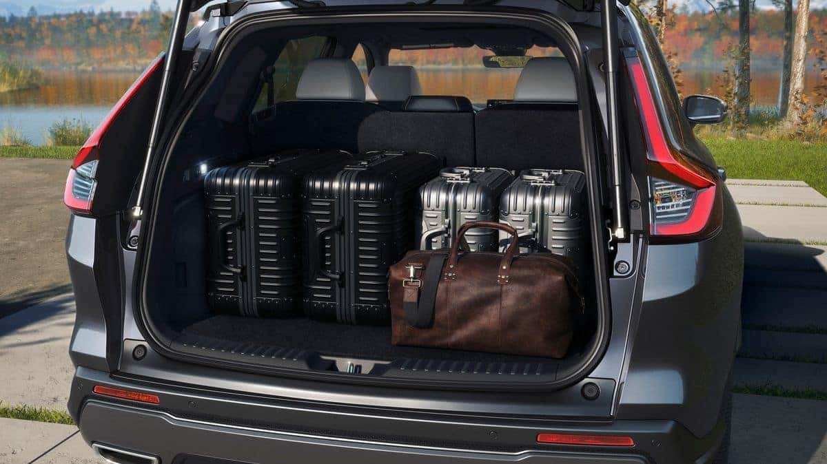 2026 Honda CR-V cargo area loaded with luggage, tailgate open