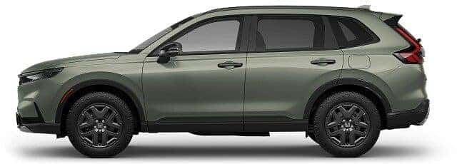2026 Honda CR-V TrailSport Hybrid side profile in green with all-terrain tires and orange accents