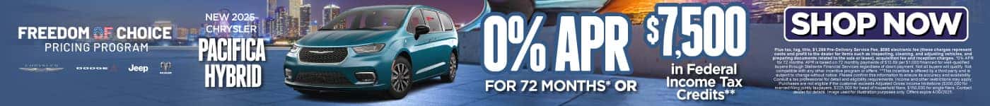 2025 Chrysler Pacifica Hybrid 0% APR for 72 Months* PLUS $7,500 in Federal Income Tax Credits**